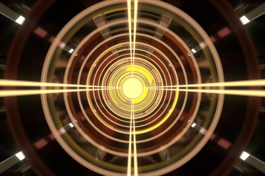 Dark tunnel with glowing HUD elements, 3d rendering. photo