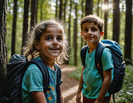 photo group of kids as a backpacker in the dark wood, generative AI