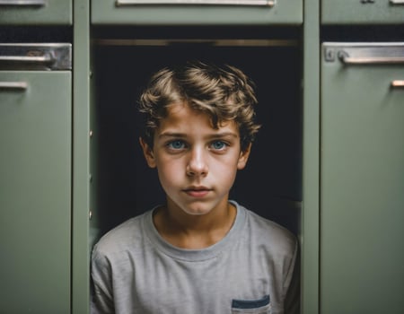 photo of scary boy kid in locker room, generative AI