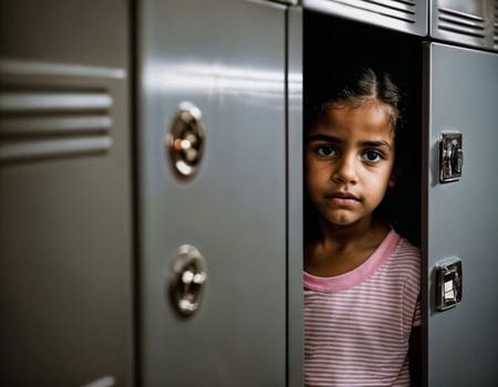 photo of scary girl kid in locker room, generative AI