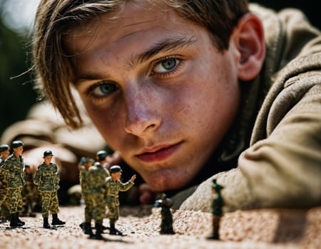 photo of teenage boy playing with toy soldiers, generative AI