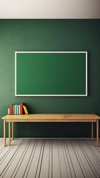 AI Generated blank blackboard with class table and stationery in classroom, back to school design concept. photo
