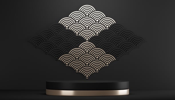 Fashion product background and stand black podium display with blank backdrops. photo