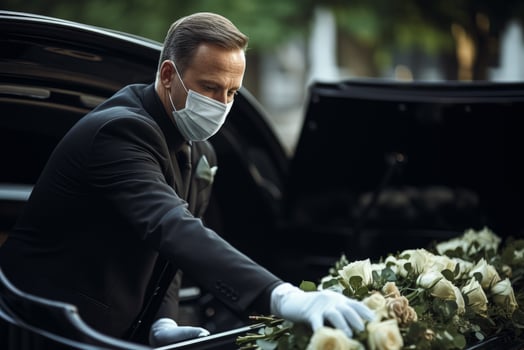 A man in a black suit and white gloves loads a coffin into a funeral car photo