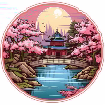 A sticker depicting a serene Japanese garden with cherry b photo