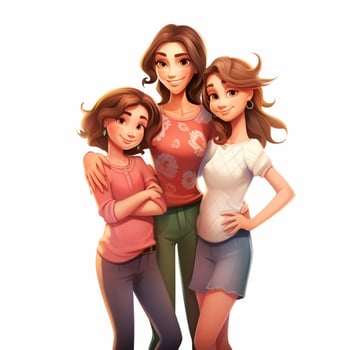 Family Woman Woman Girl Girl 2d cartoon illustraton on whi photo
