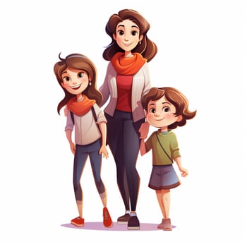 Family Woman Woman Girl Boy 2d cartoon illustraton on whit photo
