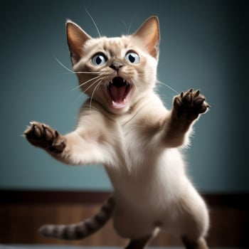 Playful Tonkinese cat chasing its own tail in excitement photo