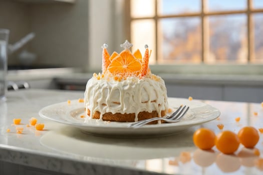 a photo realistic image of a dessert on a plate in a kitchen setting