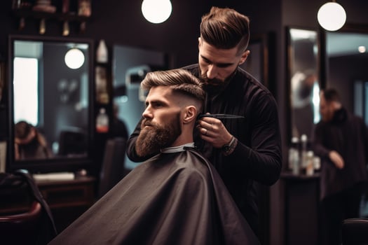 A hairdresser with a beard in a black coat cuts a client's hair photo
