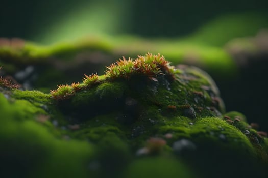 Close-up picture of a stone covered in moss, telling the story of small habitats that are hidden and peaceful.. Creative resource, photo