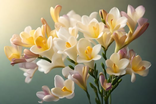 Beautiful freesias, which make a great gift to show gratitude on Mother's Day, have been photographed in a studio using soft and romantic lighting.. Creative resource, photo