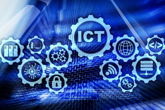 ICT. Information and communications technology on modern server room background. Virtual screen photo