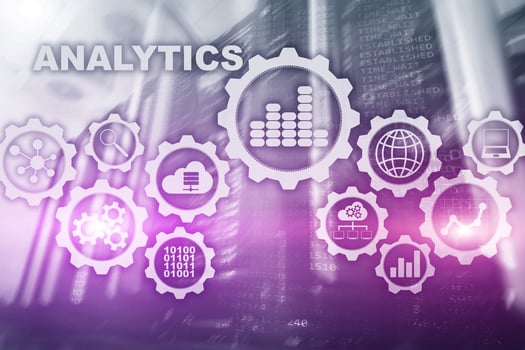Technology Analytics concept on virtual screen. Big data with graph icons on a digital screen interface and a server room background photo