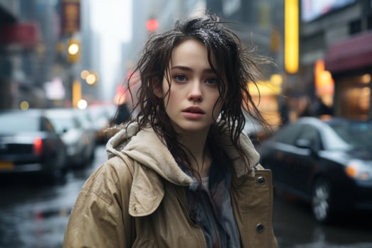 a young woman is standing in the middle of a city street photo