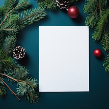 White paper on christmas background covered by fir branches with red photo