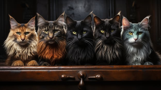 Group of cats in a wooden box on a brick wall background. AI Generative photo