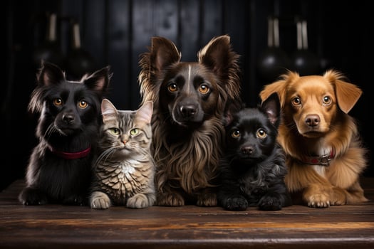 Group of dogs and cat in a studio on a black background. AI Generative photo