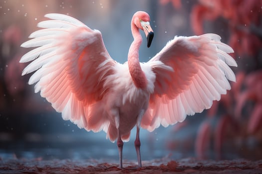 Pink flamingo with spread wings in the misty forest. 3D illustration. Wildlife scene from nature. AI Generative photo