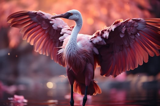 Pink flamingo with spread wings in the misty forest. 3D illustration. Wildlife scene from nature. AI Generative photo