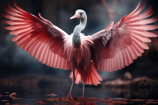 Pink flamingo with spread wings in the misty forest. 3D illustration. Wildlife scene from nature. AI Generative photo