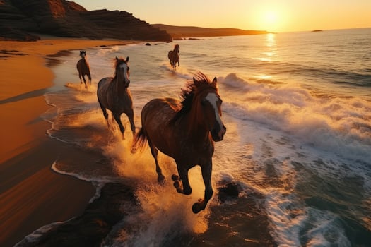 Beautiful horses running on the beach at sunset. Horses in the sea. AI Generative photo