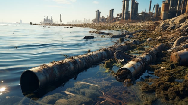 Contaminated water concept, Dirty water flows from the pipe into the river, sea, Water pollution, environment contamination, AI Generative photo