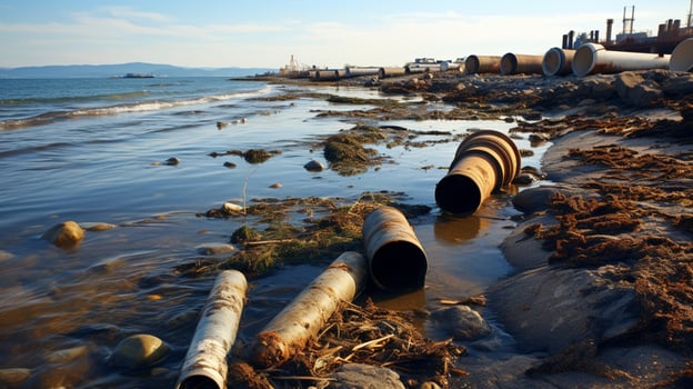 Contaminated water concept, Dirty water flows from the pipe into the river, sea, Water pollution, environment contamination, AI Generative photo