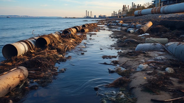 Contaminated water concept, Dirty water flows from the pipe into the river, sea, Water pollution, environment contamination, AI Generative photo