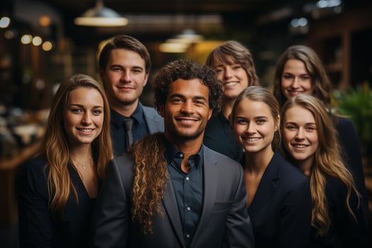 Ai Generative group of happy business man and business women, dressed in suits are smiling, in the office photo