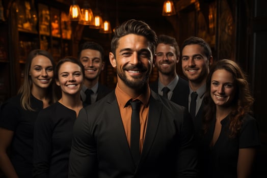 Ai Generative group of happy business man and business women, dressed in suits are smiling, in the office photo