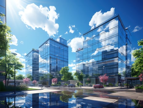Modern office building with reflection in the water,. Modern skyscrapers in business district at sunset. 3d rendering. AI Generative photo