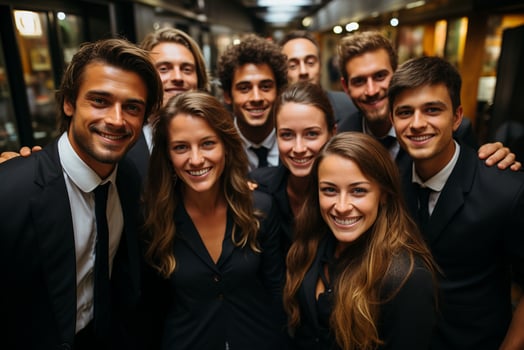 Ai Generative group of happy business man and business women, dressed in suits are smiling, in the office photo