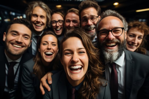 Ai Generative group of happy business man and business women, dressed in suits are smiling, in the office photo