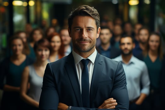Ai Generative group of happy business man and business women, dressed in suits are smiling, in the office photo