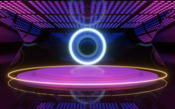 Neon light room with round stage in the center, 3d rendering. photo