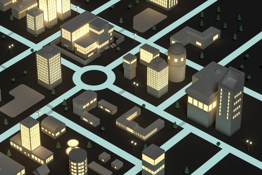 Downtown building at night, simulation city, 3d rendering. photo