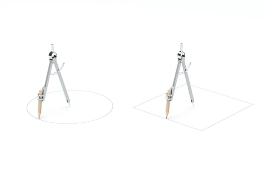 Compasses drawing square, unusual concept, 3d rendering. photo