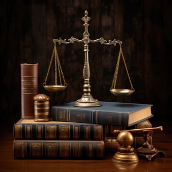 Law theme, mallet of judge, wooden gavel and books. AI Generative photo