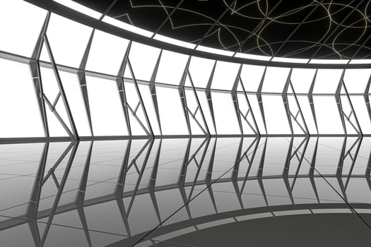 Dark round room with reflective floor, 3d rendering. photo