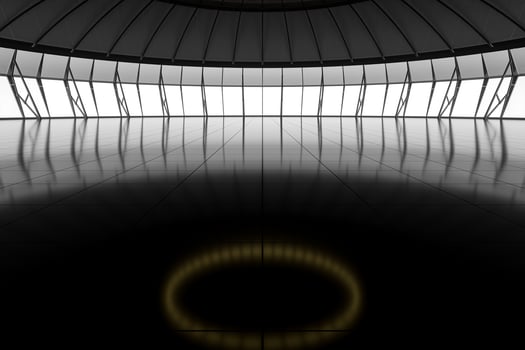 Dark round room with reflective floor, 3d rendering. photo
