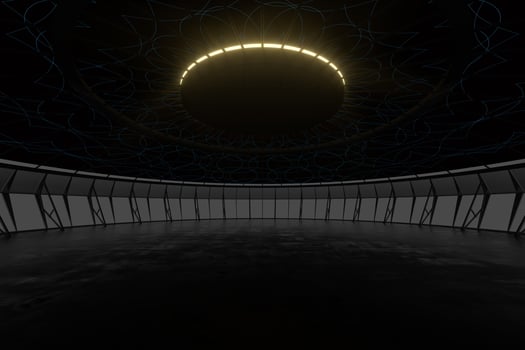 Dark round room with reflective floor, 3d rendering. photo