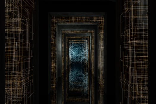 Dark tunnel with golden circuit lines, 3d rendering. photo