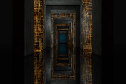 Dark tunnel with golden circuit lines, 3d rendering. photo