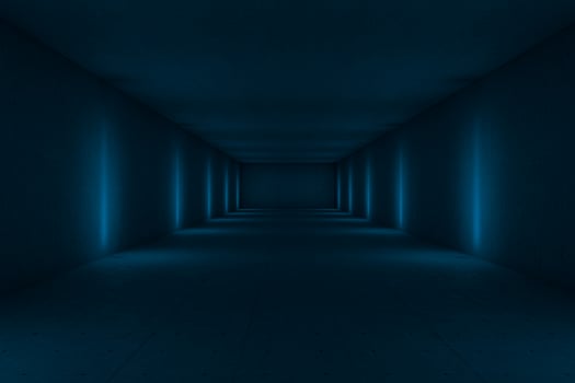 Blue dark tunnel with lights aside, 3d rendering. photo
