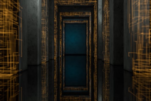 Dark tunnel with golden circuit lines, 3d rendering. photo