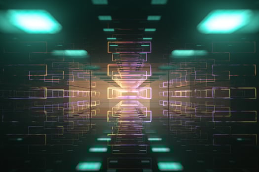 The dark glossy tunnel with glowing top light, fantasy scene, 3d rendering. photo