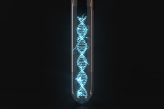 Test tube and chromosomes, DNA and genes,3d rendering. photo