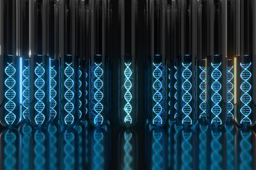 Test tube and chromosomes, DNA and genes,3d rendering. photo