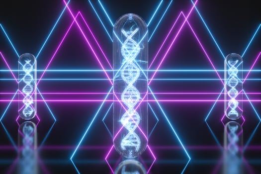 Test tube and chromosomes, DNA and genes,3d rendering. photo